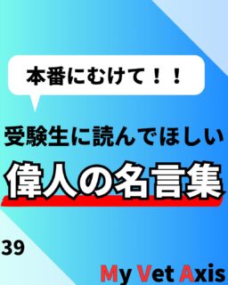 受験生のみなさん、明日はいよいよ共通テストですね！
受験生に読んで欲しい名言をまとめました！
明日の本番頑張ってください！

記事を読みたい方はプロフィールから読むことができます！⁡
⁡@my_vet_axis

MVAでは獣医になりたい学生を応援するため、受験対策、先輩獣医師へのインタビュー、日常生活紹介など様々な活動をしています！！⁡
⁡少しでも気になった方はプロフィールからYouTubeや記事、Twitterを見てみてください！⁡
⁡@my_vet_axis
#獣医 #獣医師 ⁡#獣医学部志望 #獣医学部志望さんと繋がりたい #獣医学部 #受験生 #受験 #受験生の母 #浪人 #獣医 #獣医学部志望 #獣医学生 #浪人生 #動物 #模擬試験 #模試 #勉強 #獣医師国家試験 #CBT
