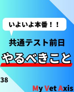 受験生の皆さんこんにちは！
本日は共通テスト前日にやるべきことについてまとめました！
共通テスト頑張ってください！！

記事を読みたい方はプロフィールから読むことができます！⁡
⁡@my_vet_axis

MVAでは獣医にな！！りたい学生を応援するため、受験対策、先輩獣医師へのインタビュー、日常生活紹介など様々な活動をしています！！⁡
⁡少しでも気になった方はプロフィールからYouTubeや記事、Twitterを見てみてください！⁡
⁡@my_vet_axis
#獣医 #獣医師 ⁡#獣医学部志望 #獣医学部志望さんと繋がりたい #獣医学部 #受験生 #受験 #受験生の母 #浪人 #獣医 #獣医学部志望 #獣医学生 #浪人生 #動物 #模擬試験 #模試 #勉強 #獣医師国家試験 #CBT