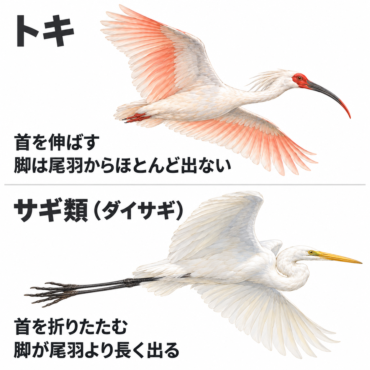 飛翔姿勢の比較イラスト。トキは首をまっすぐ伸ばし、短い脚が尾羽からほとんど出ない。サギ類の代表としてダイサギは首を折りたたみ、長い脚が尾羽より後ろに出る。