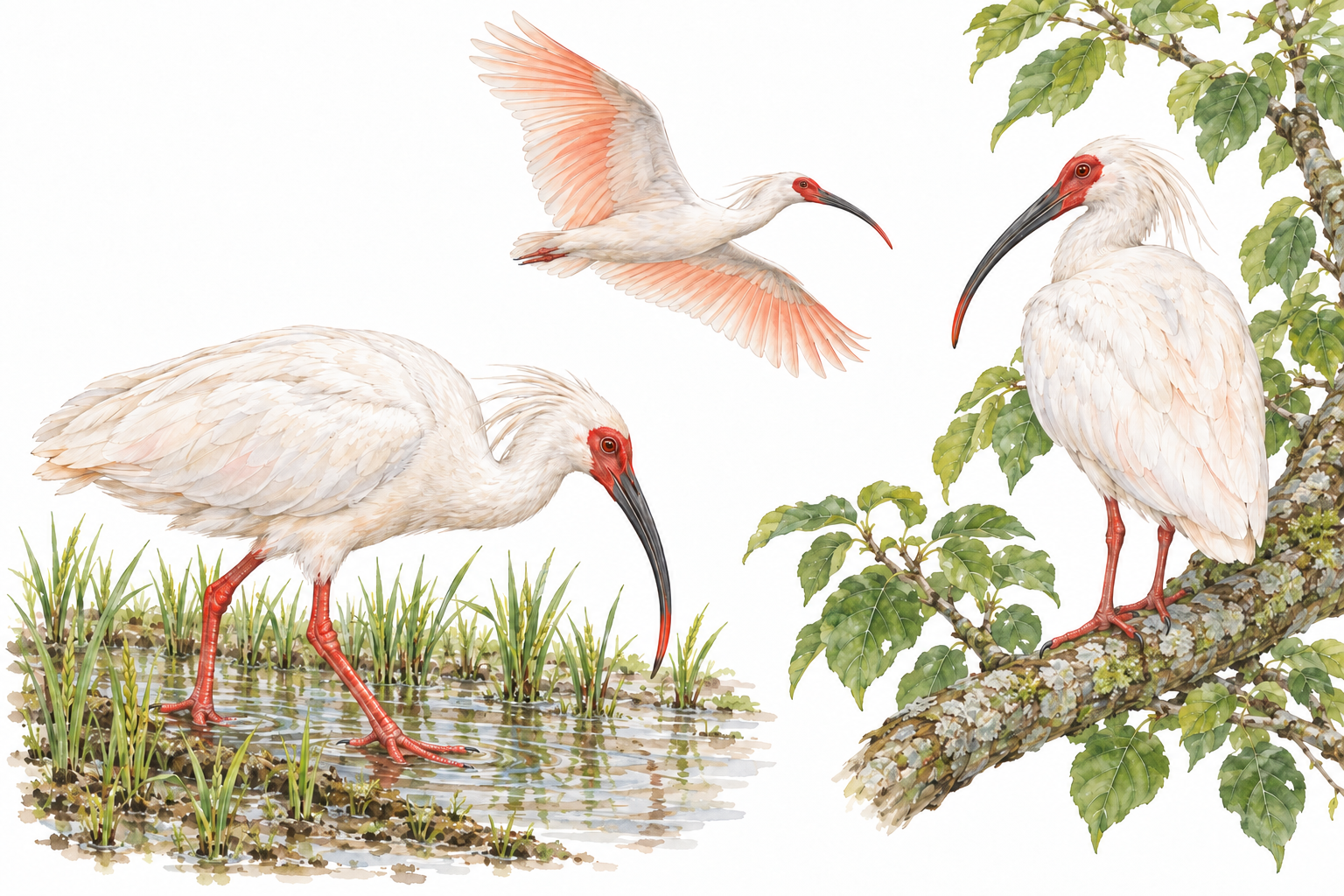 トキの自然史イラスト。浅い水辺で採餌する姿、首を伸ばし脚が尾羽からほとんど出ない飛翔姿勢、木の枝で休む姿。赤い顔と長く曲がったくちばしを描く。