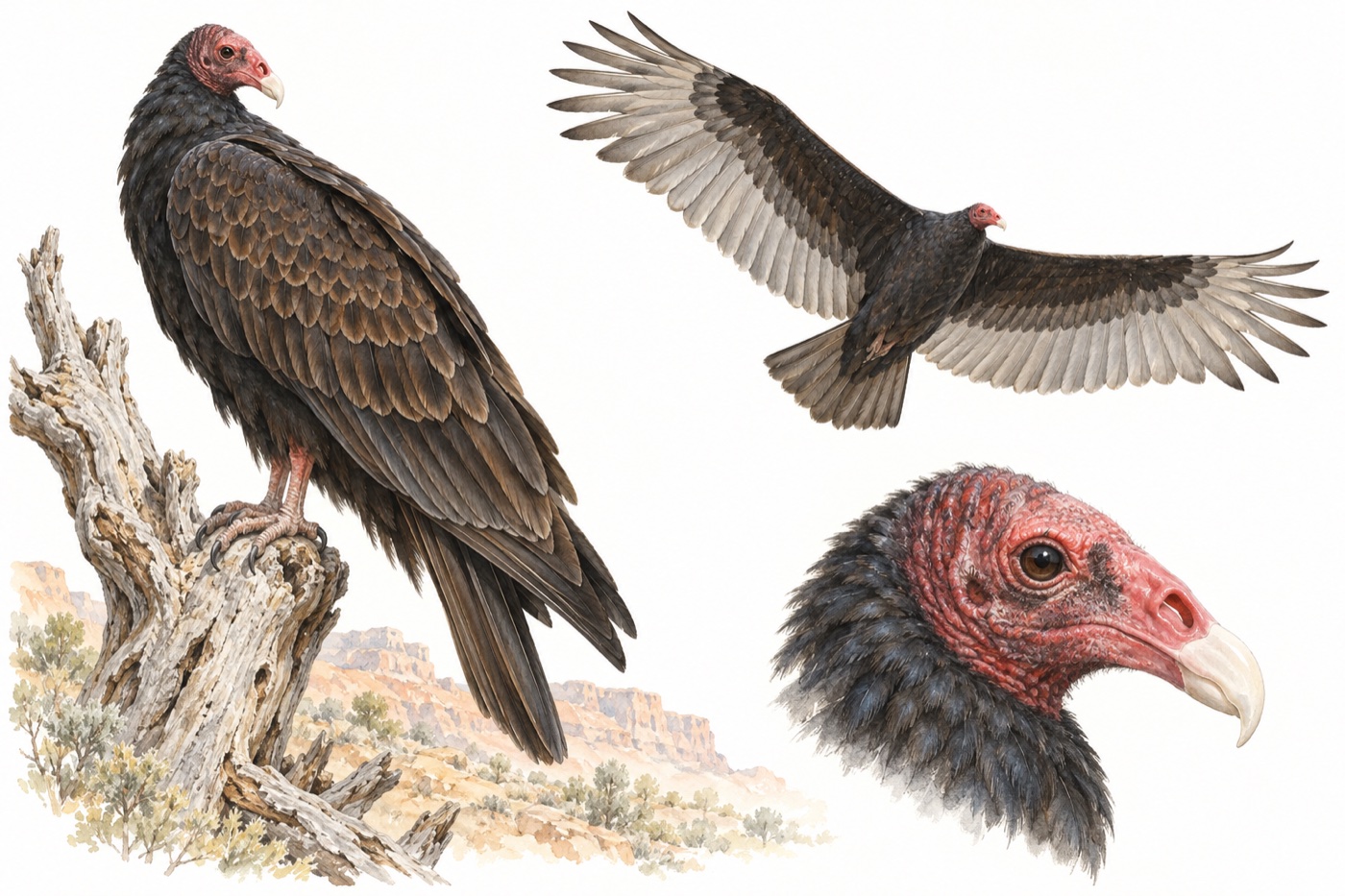 ヒメコンドルの止まり姿、飛翔、赤い頭を描いた自然史イラスト（AI生成の模式図）。