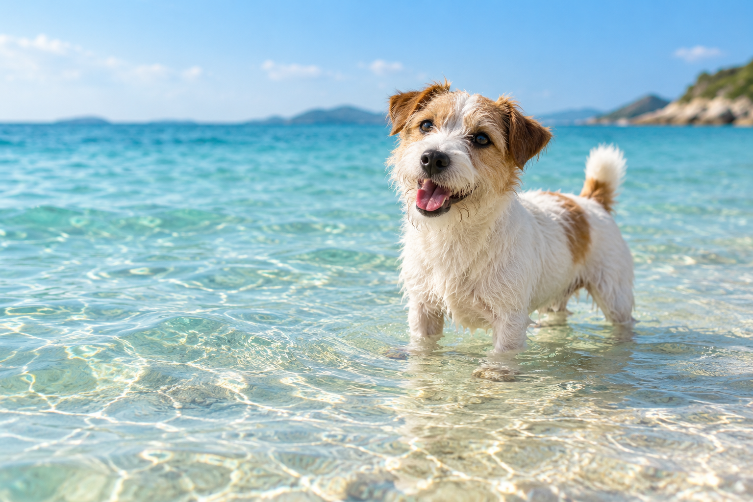 浅瀬で過ごす犬・サンプル用AI生成イメージ