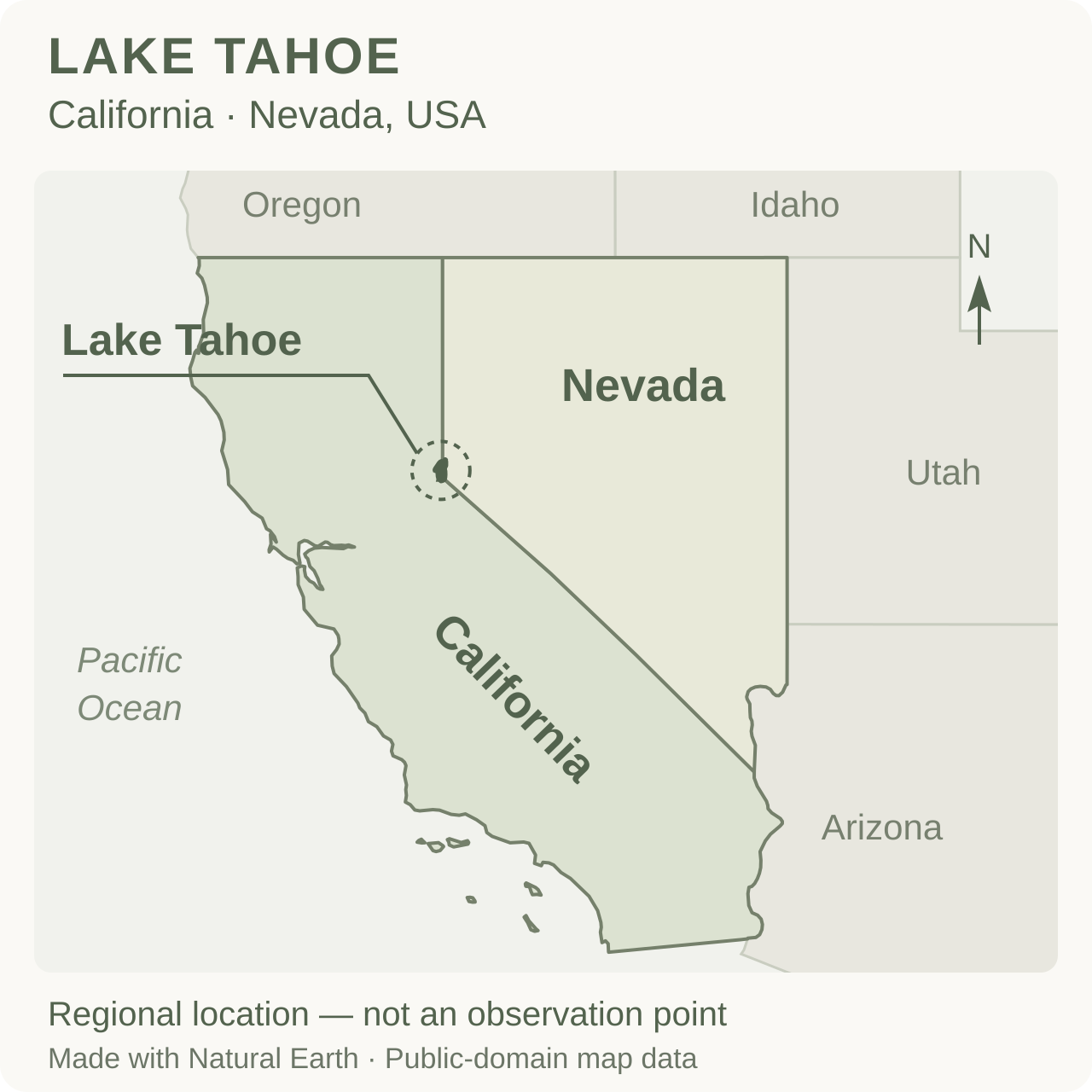 カリフォルニア州とネバダ州、州境に位置するタホ湖を示す広域地図。撮影地点を示す地図ではありません。