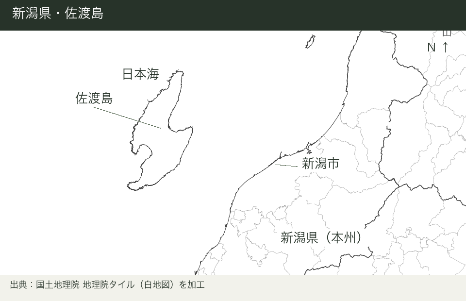 日本海に浮かぶ佐渡島と、本州側の新潟市・新潟県の位置関係を示した地図。